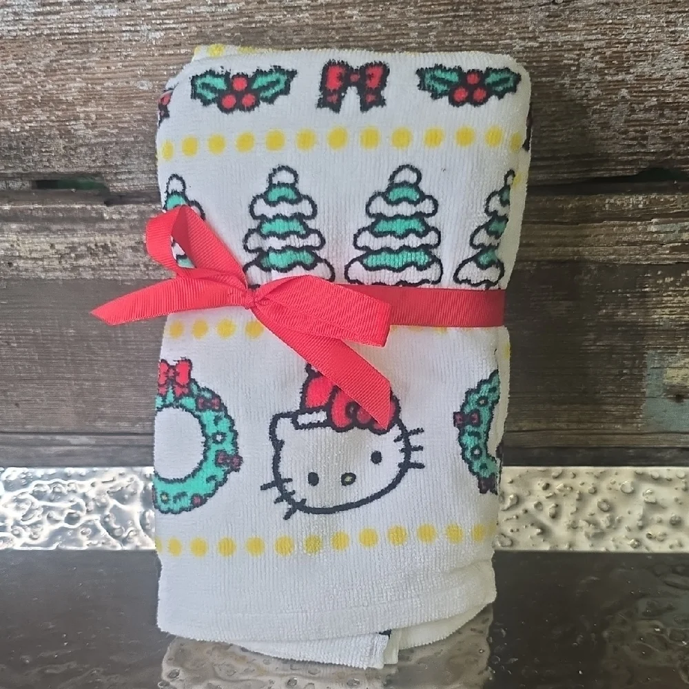 Hello Kitty White Kitchen Towel with Red Bow & Green Accents, NEW